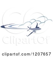 Clipart Of A Dark Blue Airplane Flying Near Clouds Royalty Free Vector Illustration