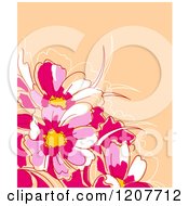 Clipart Of A Background Of Pink Flowers On Orange Royalty Free Vector Illustration