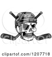 Clipart Of A Grayscale Skull With A Hockey Helmet And Crossed Sticks Royalty Free Vector Illustration