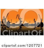 Clipart Of Silhouetted Working Cranes Unloading Cargo In A Seaport At Sunset Royalty Free Vector Illustration by Vector Tradition SM