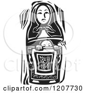 Poster, Art Print Of Girl Peeking Out Of A Russian Nesting Doll Black And White Woodcut