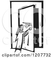 Girl Opening A Door Black And White Woodcut
