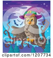 Poster, Art Print Of Halloween Owl Wearing A Witch Hat And Pointing Against A Full Moon