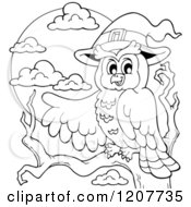 Poster, Art Print Of Outlined Halloween Owl Wearing A Witch Hat And Pointing