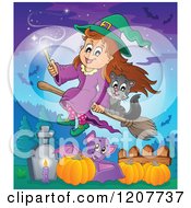 Poster, Art Print Of Cute Halloween Witch Girl And Black Cat Flying On A Broomstick Over A Cemetery Pumpkins And Bat
