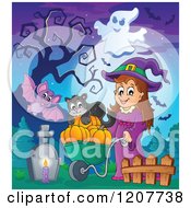 Poster, Art Print Of Bat Flying By A Cute Halloween Witch Girl Pushing A Cat And Pumpkins In A Wheelbarrow In A Cemetery