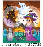 Poster, Art Print Of Bat Flying By A Cute Halloween Witch Girl Pushing A Cat And Pumpkins In A Wheelbarrow In A Cemetery Near A Haunted House
