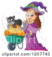 Cartoon Of A Cute Halloween Witch Girl Pushing A Black Cat And Pumpkins In A Wheelbarrow Royalty Free Vector Clipart by visekart
