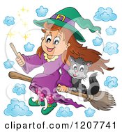 Cartoon Of A Cute Halloween Witch Girl And Black Cat Flying On A Broomstick Royalty Free Vector Clipart by visekart