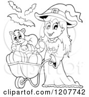 Poster, Art Print Of Outlined Cute Halloween Witch Girl Pushing A Cat And Pumpkins In A Wheelbarrow