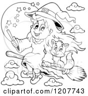 Poster, Art Print Of Outlined Cute Halloween Witch Girl And Cat Flying On A Broomstick