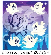 Poster, Art Print Of Halloween Ghosts Flying Against A Bare Tree And Full Moon