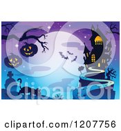 Poster, Art Print Of Haunted House Against A Full Moon With Bats A Cat And Jackolanterns Over A Cemetery