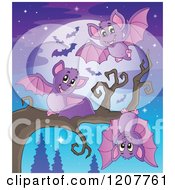 Cartoon Of Cute Vampire Bats By A Tree Against A Full Moon Royalty Free Vector Clipart
