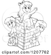 Cartoon Of Outlined Happy School Children With A Stack Of Books Royalty Free Vector Clipart