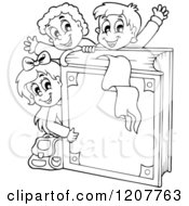 Cartoon Of Outlined Happy School Children With A Giant Blue Book Royalty Free Vector Clipart