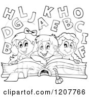 Cartoon Of Outlined Happy School Children On A Giant Book Royalty Free Vector Clipart