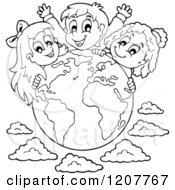Poster, Art Print Of Outlined Happy Diverse Children Over A Globe And Clouds