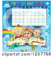 Cartoon Of A School Children Time Table Of Kids Reading A Giant Book Over A Rainbow And Clouds Royalty Free Vector Clipart