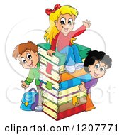 Poster, Art Print Of Happy School Children With A Stack Of Books