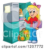 Happy Blond School Girl At Her Locker