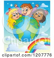 Poster, Art Print Of Happy Diverse Children Over A Globe And Rainbow