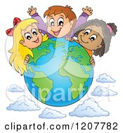 Poster, Art Print Of Happy Diverse Children Over A Globe And Clouds