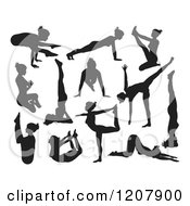 Clipart Of Black Silhouetted Women Doing Yoga Poses 2 Royalty Free Vector Illustration