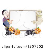 Poster, Art Print Of Happy Vampire Mummy Pumpkins And Black Cat Around A Blank Sign