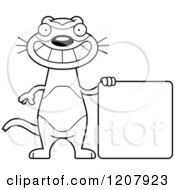 Cartoon Of A Black And White Grinning Skinny Ferret With A Sign Royalty Free Vector Clipart