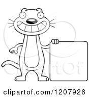 Cartoon Of A Black And White Grinning Skinny Weasel With A Sign Royalty Free Vector Clipart