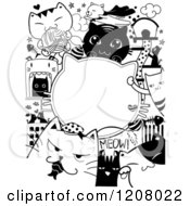Cartoon Of Black And White Doodled Cats With Text Space Royalty Free Vector Clipart