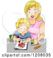 Poster, Art Print Of Blond Caucasian Mother Coloring With Her Toddler Son