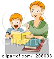 Poster, Art Print Of Red Haired Caucasian Mother Reading To Her Son