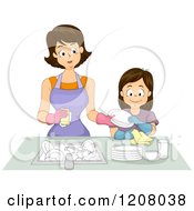 Brunette Caucasian Mother And Daughter Washing Dishes Together