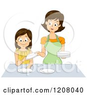 Poster, Art Print Of Brunette Caucasian Mother And Daughter Setting A Table Together