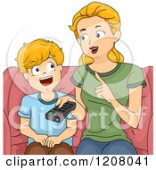 Cartoon Of A Blond Caucasian Mother Discussing Television With Her Son Royalty Free Vector Clipart