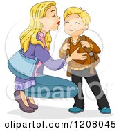 Poster, Art Print Of Blond Caucasian Mother Kissing Her Son And Sending Him Off To School