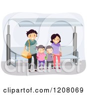 Happy Family Waiting At A Bus Stop