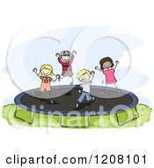 Happy Diverse Children Jumping On A Trampoline