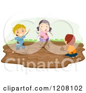 Cartoon Of A Girl And Boys Playing In A Mud Puddle Royalty Free Vector Clipart