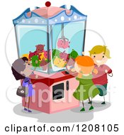Cartoon Of A Claw Machine And Diverse Children Royalty Free Vector Clipart