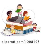 Poster, Art Print Of Happy Diverse Children Reading On A Stack Of Books