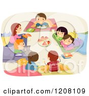 Poster, Art Print Of Circle Of Happy Kids Eating Pizza At A Sleep Over