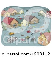 Cartoon Of A Flooded Town With Cars And Houses Royalty Free Vector Clipart