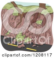 Cartoon Of A Landslide Erosion With Exposed Tree Roots Over A Road Royalty Free Vector Clipart