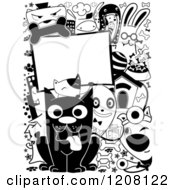 Cartoon Of Black And White Doodled Dogs With Text Space Royalty Free Vector Clipart