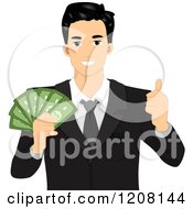 Cartoon Of A Handsome Businessman Holding Cash And A Thumb Up Royalty Free Vector Clipart