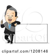 Poster, Art Print Of Happy Businesman Holding A Thumb Up And Leaning On A Sign