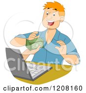 Cartoon Of A Hand Reaching Out From A Laptop To Give A Man Cash Royalty Free Vector Clipart